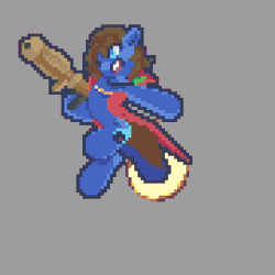 Size: 450x450 | Tagged: safe, artist:stockingshot56, oc, oc only, oc:bizarre song, pony, animated, cape, clothes, explosion, gif, jewelry, loop, necklace, pixel art, rocket jump, rocket launcher, solo, the original