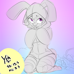 Size: 1000x1000 | Tagged: safe, artist:kennzeichen, rabbit, anthro, animal, animal costume, clothes, commission, cosplay, costume, hoodie, kneeling, large hoodie, socks, striped socks, your character here