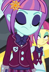 Size: 735x1080 | Tagged: safe, screencap, sour sweet, sunny flare, equestria girls, g4, clothes, cropped, crystal prep academy uniform, eyes closed, eyeshadow, female, freckles, lidded eyes, makeup, school uniform, sunny flare's wrist devices, vest