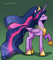 Size: 2656x2976 | Tagged: safe, artist:moonseeker, twilight sparkle, alicorn, pony, g4, the last problem, concave belly, crown, eyes closed, female, grin, high res, hoof shoes, jewelry, mare, older, older twilight, older twilight sparkle (alicorn), princess twilight 2.0, raised hoof, regalia, slender, smiling, solo, tall, thin, twilight sparkle (alicorn)