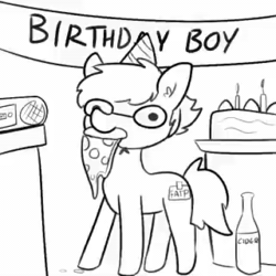 Size: 320x320 | Tagged: safe, artist:tjpones, oc, oc only, oc:tjpones, earth pony, pony, animated, birthday cake, cake, dancing, food, glasses, good boy, hat, jerma985, male, monochrome, music, party hat, pizza, simple background, solo, sound, stallion, webm, white background