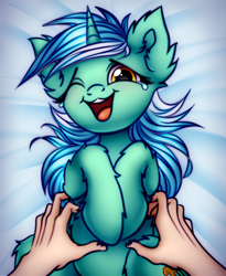 Size: 1888x2300 | Tagged: safe, artist:mite-lime, lyra heartstrings, human, pony, unicorn, g4, belly fluff, crying, cute, disembodied hand, ear fluff, female, hand, hooves to the chest, laughing, leg fluff, lyrabetes, mare, offscreen character, offscreen human, on back, one eye closed, open mouth, tears of laughter, tickling