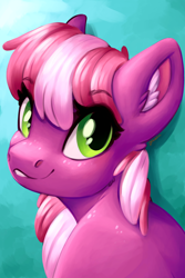 Size: 6000x9000 | Tagged: safe, artist:faline-art, cheerilee, earth pony, pony, g4, absurd resolution, bust, cheek fluff, cheeribetes, cute, ear fluff, female, green background, mare, portrait, simple background, smiling, solo