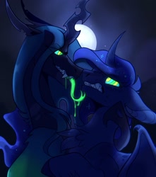 Size: 1177x1329 | Tagged: safe, artist:rockin_candies, princess luna, queen chrysalis, alicorn, changeling, changeling queen, pony, g4, curved horn, drool, duo, embrace, female, glowing tongue, gritted teeth, horn, hypnosis, mare, moon, swirly eyes, tongue out, wings