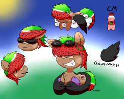 Size: 500x400 | Tagged: safe, oc, oc only, oc:screw, original species, pony, bandaid, bandaid on nose, chibi, claws, cloud, clumsy, cute, goggles, no eyes, reference sheet, scratches, sleeping, solo, watermelon