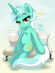 Size: 3078x4070 | Tagged: safe, artist:joakaha, lyra heartstrings, pony, unicorn, g4, bench, chest fluff, female, heart, lidded eyes, looking at you, mare, meme, sitting, sitting lyra, solo