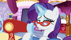 Size: 1920x1080 | Tagged: safe, screencap, rarity, pony, dragon dropped, g4, female, glasses, heartbreak, pouting, rarity's glasses, sad, sewing machine, solo