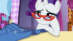 Size: 1920x1080 | Tagged: safe, screencap, rarity, pony, dragon dropped, g4, female, glasses, rarity's glasses, sewing machine, solo