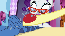 Size: 1920x1080 | Tagged: safe, screencap, fluttershy, rarity, dragon dropped, g4, glasses, pincushion, rarity's glasses, sewing machine
