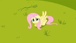 Size: 1920x1080 | Tagged: safe, screencap, fluttershy, pegasus, pony, g4, hurricane fluttershy, female, floppy ears, looking up, mare, overhead view, prone, solo