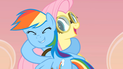 Size: 1920x1080 | Tagged: safe, screencap, fluttershy, rainbow dash, pegasus, pony, g4, hurricane fluttershy, eyes closed, goggles, grin, hug, smiling