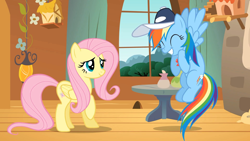 Size: 1920x1080 | Tagged: safe, screencap, fluttershy, rainbow dash, pegasus, pony, g4, hurricane fluttershy, coach rainbow dash, coaching cap, cute, dashabetes, fluttershy's cottage, rainbow dashs coaching whistle, whistle