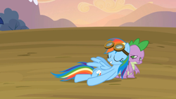 Size: 1920x1080 | Tagged: safe, screencap, rainbow dash, spike, dragon, pegasus, pony, g4, hurricane fluttershy, eyes closed, goggles, grin, smiling, spike is not amused, unamused