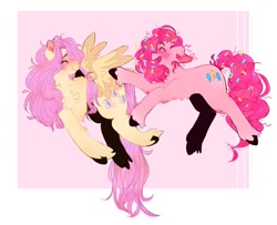 Size: 1491x1209 | Tagged: safe, artist:ghoztype, fluttershy, pinkie pie, earth pony, pegasus, pony, g4, blushing, eyes closed, female, flying, jumping, lesbian, open mouth, ship:flutterpie, shipping