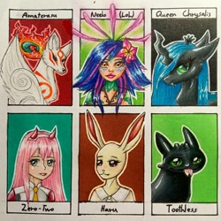 Size: 1080x1080 | Tagged: safe, artist:crystal.moon_art, queen chrysalis, changeling, changeling queen, dragon, kitsune, rabbit, anthro, g4, :p, amaterasu, animal, anthro with ponies, beastars, bust, clothes, crossover, devil horns, female, forked tongue, haru (beastars), how to train your dragon, league of legends, neeko, okami, six fanarts, tongue out, toothless the dragon