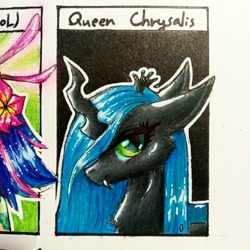 Size: 1080x1080 | Tagged: safe, alternate version, artist:crystal.moon_art, queen chrysalis, changeling, changeling queen, g4, bust, cropped, crossover, eyelashes, fangs, female, offscreen character, six fanarts, traditional art