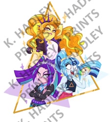 Size: 837x929 | Tagged: safe, artist:katrina hadley, adagio dazzle, aria blaze, sonata dusk, equestria girls, g4, arm behind head, bedroom eyes, clothes, crossed arms, female, food, obtrusive watermark, sleeveless, smiling, taco, the dazzlings, watermark