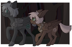 Size: 884x585 | Tagged: safe, artist:wytchwoods, oc, oc only, oc:chocolate swirl, oc:dust cloud, pegasus, pony, duo, forest