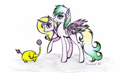 Size: 2738x1579 | Tagged: safe, artist:dianlie, oc, oc:double mind, oc:power plant, adventure time, crossover, female, flower, half alicorn half pegasus, male, multiple heads, siblings, sisters, traditional art, two heads