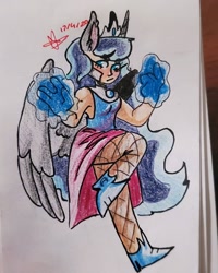 Size: 1080x1350 | Tagged: safe, artist:star-crossed-art, princess luna, human, g4, alicorn humanization, boots, clothes, eared humanization, female, fishnet stockings, glowing hands, horn, horned humanization, humanized, irl, jewelry, photo, shoes, signature, solo, tiara, traditional art, winged humanization
