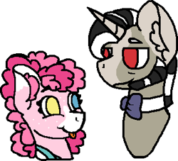 Size: 349x317 | Tagged: safe, artist:klawiee, discord, pinkie pie, earth pony, pony, unicorn, g4, alternate design, bowtie, ear fluff, female, freckles, heterochromia, looking at each other, male, mare, muttonchops, no pupils, pony discord, ship:discopie, shipping, stallion, straight, tongue out