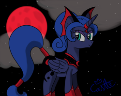 Size: 1200x950 | Tagged: safe, artist:mtfc1029, idw, princess luna, alicorn, pony, g4, reflections, spoiler:comic, blood moon, cloud, evil counterpart, evil luna, eyeshadow, female, looking back, makeup, mare, mirror universe, moon, night, night sky, sky, solo, stars