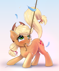 Size: 2124x2553 | Tagged: safe, artist:xbi, applejack, earth pony, pony, g4, 30 minute art challenge finished after, applejack's hat, captured, cider, cider dash, cider theft, cowboy hat, cute, eye reflection, eyebrows, eyebrows visible through hair, feather, female, freckles, gradient background, hat, high res, implied rainbow dash, jackabetes, lasso, looking up, mare, mouth hold, offscreen character, reflection, rope, solo