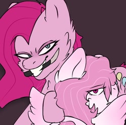 Size: 636x632 | Tagged: safe, alternate version, artist:dj_the_animator, fluttershy, pinkie pie, earth pony, pegasus, pony, g4, duo, female, knife, mare, mouth hold, pinkamena diane pie, smiling