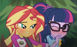 Size: 1444x881 | Tagged: safe, edit, edited screencap, screencap, sci-twi, sunset shimmer, twilight sparkle, equestria girls, g4, my little pony equestria girls: legend of everfree, blushing, camp everfree outfits, clothes, duo, female, glasses, grin, one eye closed, ponytail, shirt, smiling