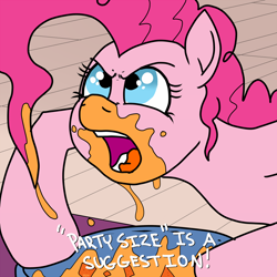 Size: 1500x1500 | Tagged: safe, artist:pony quarantine, pinkie pie, earth pony, pony, g4, bowl, cheese, chip, chips, dialogue, female, food, messy, nachos, open mouth, redraw, solo, table, text