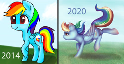 Size: 5094x2636 | Tagged: safe, artist:kysimon, rainbow dash, g4, grass, improvement, sky, then and now