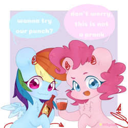 Size: 768x768 | Tagged: safe, artist:hapinkie, pinkie pie, rainbow dash, devil, earth pony, pegasus, pony, g4, blatant lies, chest fluff, cute, devil horns, devil tail, dialogue, female, glass, hot sauce, lesbian, mare, open mouth, prank, punch (drink), punch bowl, pure unfiltered evil, ship:pinkiedash, shipping, speech bubble