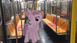 Size: 2720x1532 | Tagged: safe, artist:topsangtheman, bacon braids, pony, unicorn, g4, 3d, irl, looking at you, new york city, new york city subway, photo, ponies in real life, source filmmaker