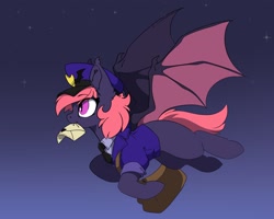 Size: 3100x2480 | Tagged: safe, artist:arctic-fox, oc, oc only, bat pony, pony, bat pony oc, bat wings, high res, mail, mailmare, missing cutie mark, mouth hold, solo, stars, wings