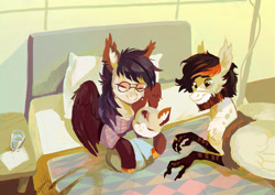 Size: 2000x1413 | Tagged: safe, artist:dearmary, oc, oc only, hippogriff, pegasus, pony, baby, beard, bed, crying, cute, facial hair, family, father, father and child, father and son, female, foal, glasses, happy, hippogriff oc, hospital bed, male, mother, mother and child, mother and son, retro glasses, round glasses, semi-realistic, sweet dreams fuel, tears of joy