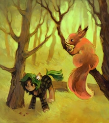 Size: 1500x1688 | Tagged: safe, artist:dearmary, oc, oc only, earth pony, pony, squirrel, acorn, animal, clothes, forest, solo, tree