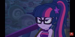 Size: 2960x1440 | Tagged: safe, screencap, sci-twi, twilight sparkle, equestria girls, equestria girls series, g4, spring breakdown, spoiler:eqg series (season 2), angry, annoyed, clothes, dress, female, low quality, sci-twi is not amused, sleeveless, solo, upscaled, youtube