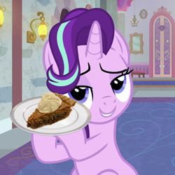 Size: 860x860 | Tagged: safe, artist:burgeroise, edit, edited screencap, screencap, starlight glimmer, pony, unicorn, a horse shoe-in, g4, cropped, food, lidded eyes, photo, pie, plate