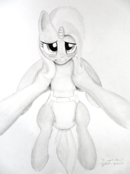 Size: 960x1280 | Tagged: safe, artist:millenniumf, trixie, human, pony, unicorn, g4, adorable face, adult foal, blushing, cute, diabetes, diaper, female, fetish, first person view, holding a pony, monochrome, non-baby in diaper, offscreen character, pov