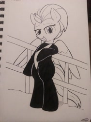 Size: 3120x4160 | Tagged: safe, artist:taurson, lightning dust, pony, g4, bipedal, clothes, female, inktober, monochrome, solo, traditional art, uniform, washouts uniform