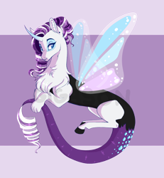 Size: 2500x2700 | Tagged: safe, artist:gigason, oc, oc only, draconequus, hybrid, curved horn, draconequus oc, female, glimmer wings, high res, horn, interspecies offspring, neck fluff, offspring, parent:discord, parent:rarity, parents:raricord, purple background, simple background, solo, wings