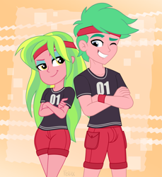 Size: 2873x3142 | Tagged: safe, artist:felux, lemon zack, lemon zest, human, equestria girls, equestria girls series, g4, alternate clothes, armband, background human, blue eyes, brother and sister, cargo shorts, clothes, confident, crossed arms, denim shorts, duo, female, happy, headband, headcanon, high res, implied siblings, lidded eyes, male, one eye closed, orange background, pose, raised eyebrow, shirt, shorts, show accurate, siblings, simple background, smiling, smirk, smug, sweatband, t-shirt, thighs, twins, wink, wristband, yellow eyes