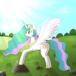 Size: 3000x3000 | Tagged: safe, artist:sane, princess celestia, alicorn, pony, g4, ethereal mane, female, high res, jewelry, majestic, regalia, smiling, solo, spread wings, sun, wings