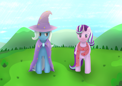 Size: 4961x3508 | Tagged: safe, artist:sane, starlight glimmer, trixie, g4, clothes, cute, hat, love, scarf, shy