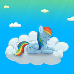 Size: 5000x5000 | Tagged: safe, artist:sane, rainbow dash, pony, g4, backwards cutie mark, cloud, cute, eyes closed, lying down, multicolored hair, open mouth, sky, sleepy