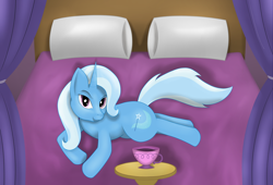 Size: 3984x2704 | Tagged: safe, artist:sane, trixie, pony, unicorn, g4, anatomically incorrect, bed, bedroom, bedroom eyes, cup, cute, female, high res, incorrect leg anatomy, looking at you, lying, lying down, multicolored hair, smiling, solo, teacup