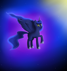 Size: 3184x3376 | Tagged: safe, artist:sane, princess luna, alicorn, pony, g4, abstract background, aurora borealis, cute, ethereal mane, female, flying, high res, jewelry, light, looking at you, regalia, smiling, solo, starry mane, stars