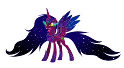 Size: 1280x700 | Tagged: safe, artist:lumi-infinite64, oc, oc only, alicorn, pony, colored wings, ethereal mane, evil, evil form, flowing mane, gradient mane, gradient wings, jewelry, oc villain, regalia, simple background, solo, transparent background, wings