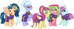 Size: 2305x909 | Tagged: safe, artist:xebck, artist:徐詩珮, edit, vector edit, indigo zap, lemon zest, sour sweet, sugarcoat, sunny flare, pony, series:sprglitemplight diary, series:sprglitemplight life jacket days, series:springshadowdrops diary, series:springshadowdrops life jacket days, g4, alternate universe, equestria girls ponified, paw patrol, ponified, shadow five, simple background, transparent background