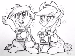 Size: 2970x2237 | Tagged: safe, artist:whitediamonds, applejack, rainbow dash, earth pony, pegasus, pony, g4, bemused, cider, commission, drinking, drunk, drunk aj, drunk bubbles, drunker dash, female, grayscale, high res, hoof hold, lidded eyes, mare, monochrome, pencil drawing, smiling, tankard, traditional art